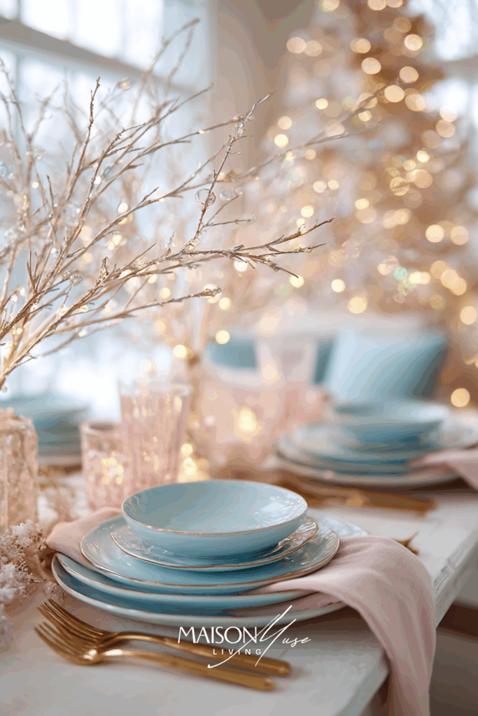 Christmas table setting with pink soft linen tablecloth, blue glassware