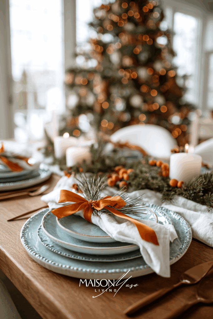 Christmas dining table with powder blue plates, white linen, slim persimmon satin ribbons on napkins and ornaments, pine sprigs and glowing candles