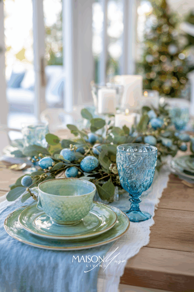 Christmas table setting with light blue and pistachio green colored elements on the table, linen runner, eucalyptus garland with seedpods, blue glass ornaments and white candles