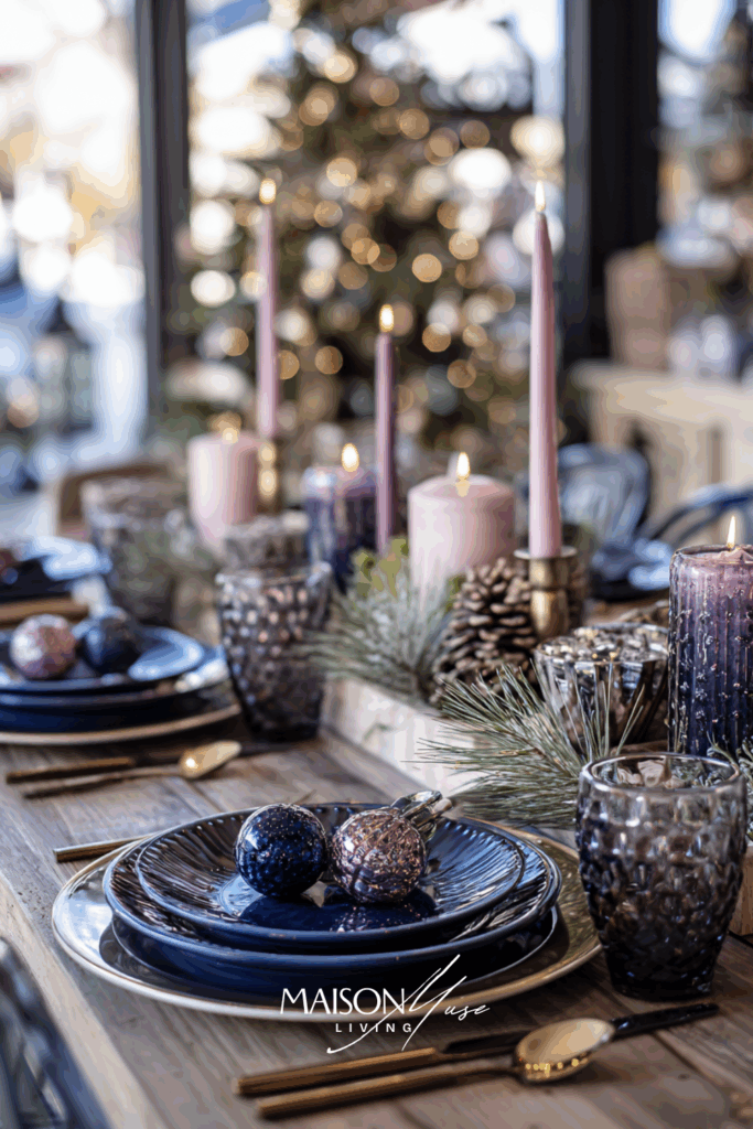 Holiday dinner table with deep blue plates, mauve taper candles, low pine centerpiece and smoky purple glass ornaments