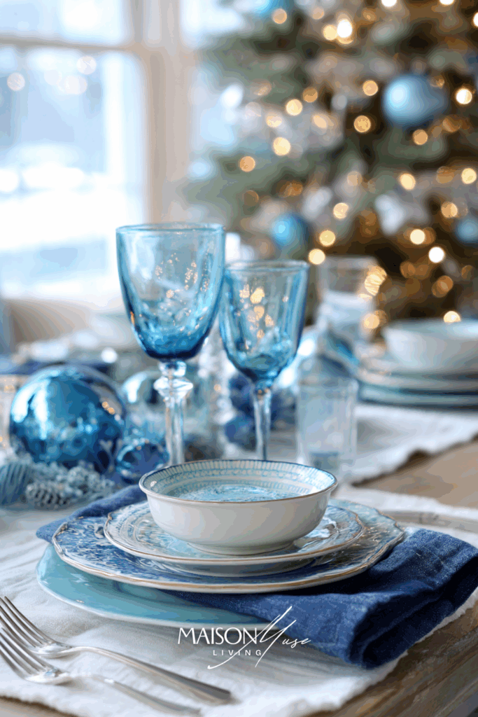 Christmas tablescape in layered blues with powder blue plates, navy napkins, sky blue glassware, clear candleholders, white linen and blue ornaments