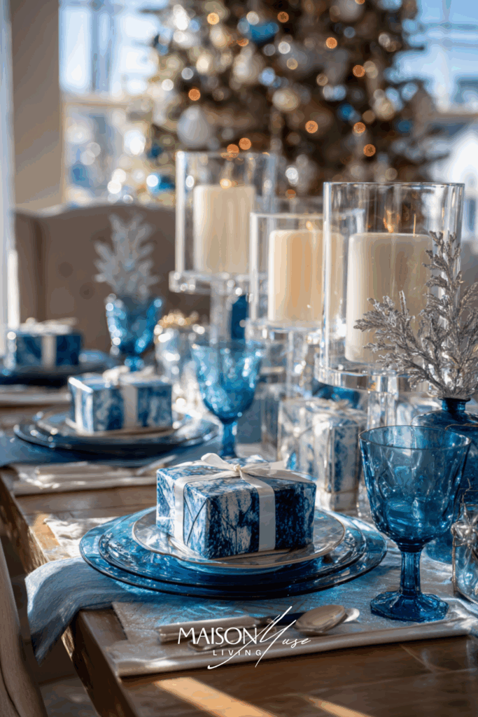 Modern christmas table setting with blue dinnerware, clear acrylic chargers, translucent candleholders, white tapers and blue wrapped gifts