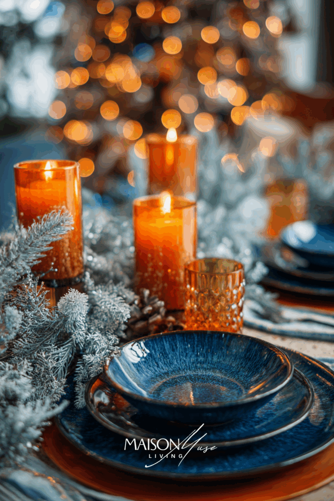 Christmas table setting with white linen, amber glassware, blue ornaments and glowing candles