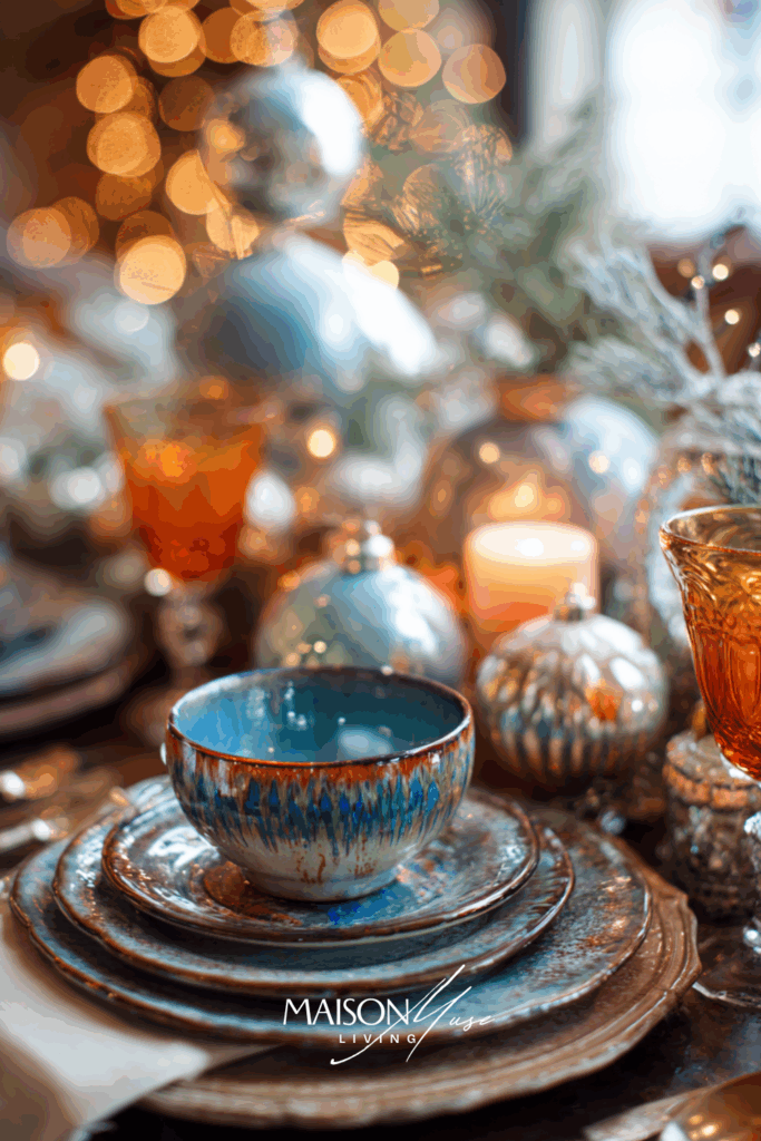 Christmas table setting with amber glassware, blue ornaments and glowing candles