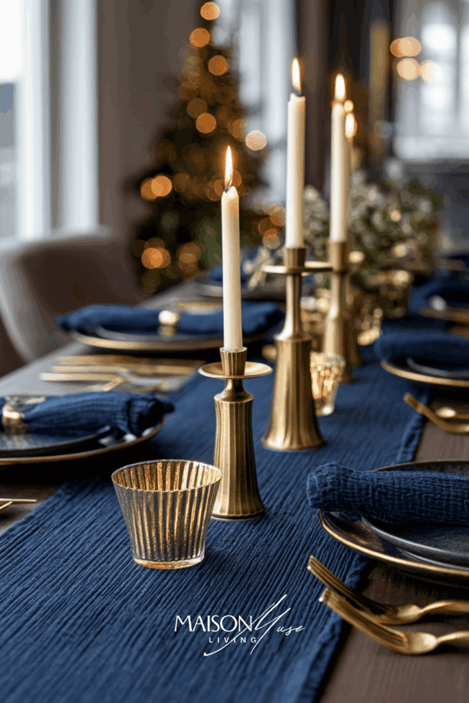 Brass taper candle holders with gold flatware and dark blue napkins