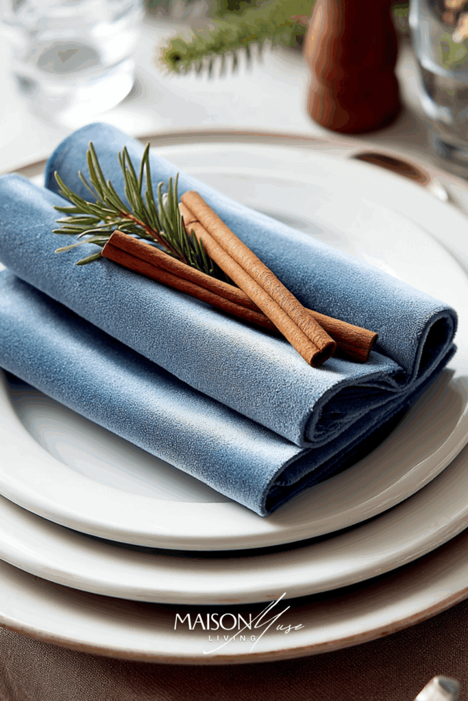 Navy velvet napkins over white dinner plates with pine sprigs and cinnamon sticks