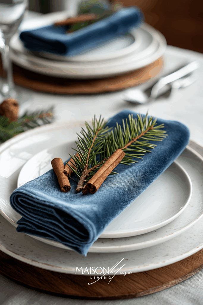 Navy velvet napkins over white dinner plates, holiday table setting
