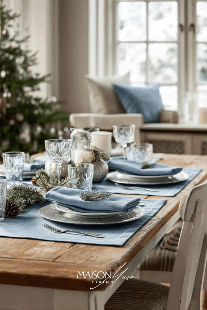 Bright airy room with christmas decorations, white dining table, dusty blue linens, silver table chargers, frosted pine accents