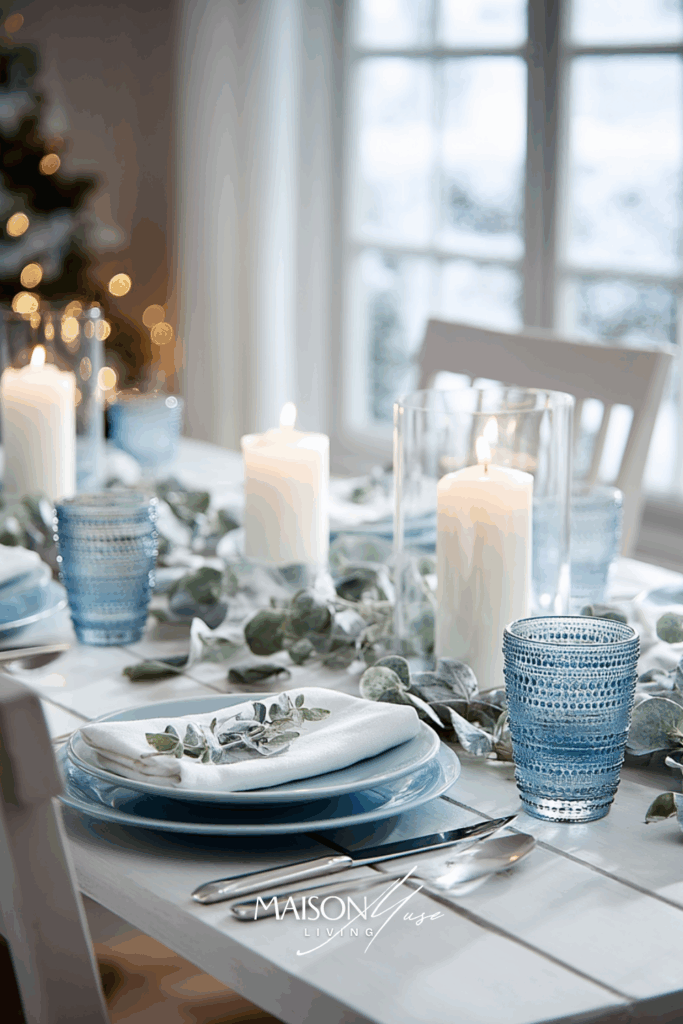 Bright white christmas dining table with ice blue dinner plates, clear glass candle holders, white taper candles and frosted eucalyptus