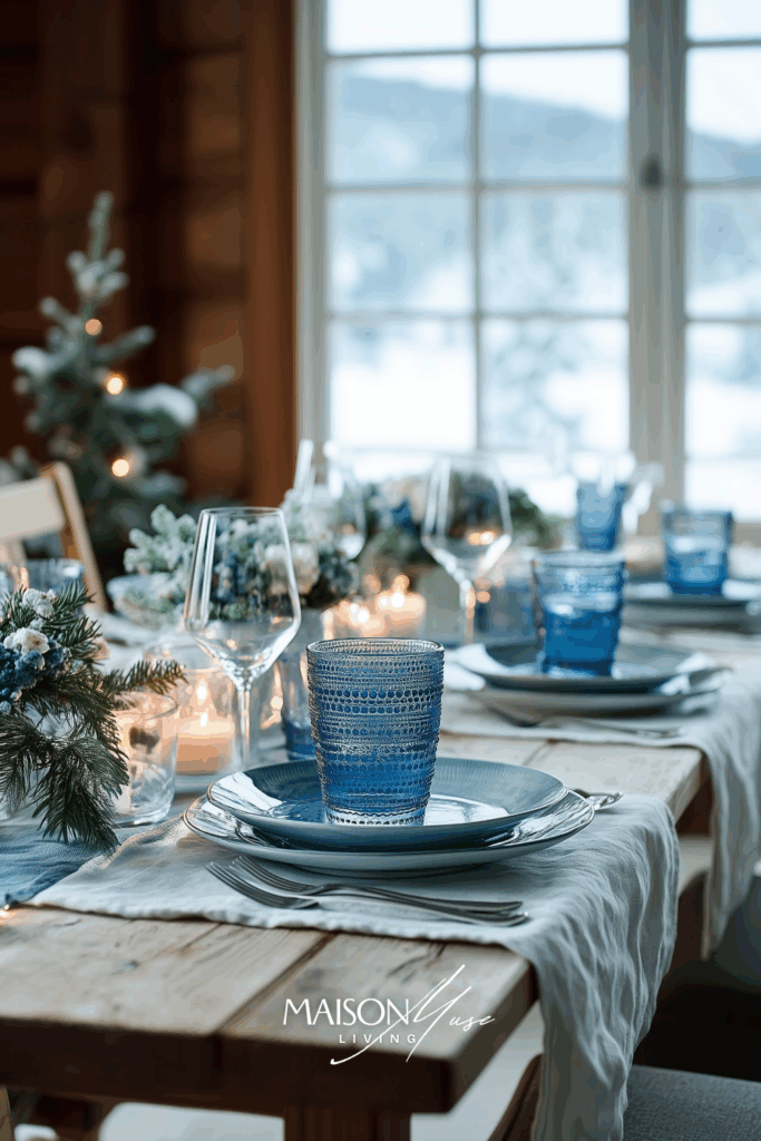 Christmas table with ice blue accents, white linen and winter low glass centerpiece, 