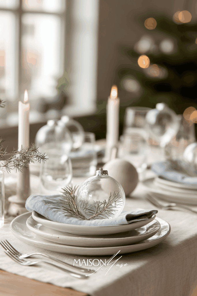Scandinavian holiday table with dusty blue linen napkins and clear glass ornaments