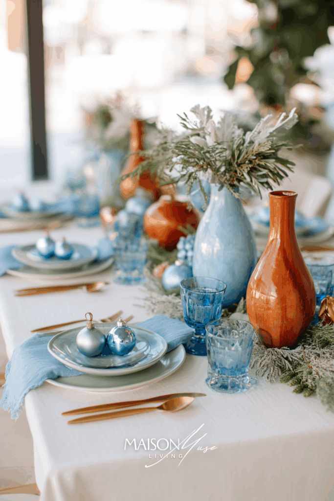 Modern christmas table setting with blue linen napkins, blue glass ornaments, terracotta vases, white linen tablecloth, frosted greenery, gold cutlery