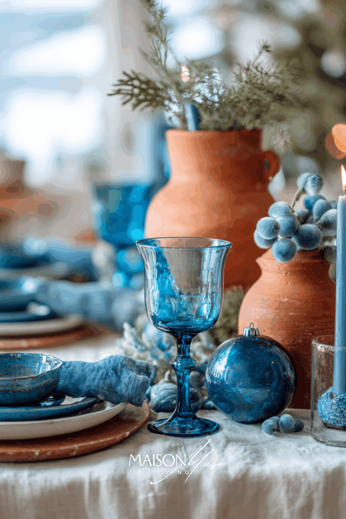 Christmas table setting with blue glassware, white linen tablecloth, terracotta ceramic vase and candle holders, frosted blue ornaments