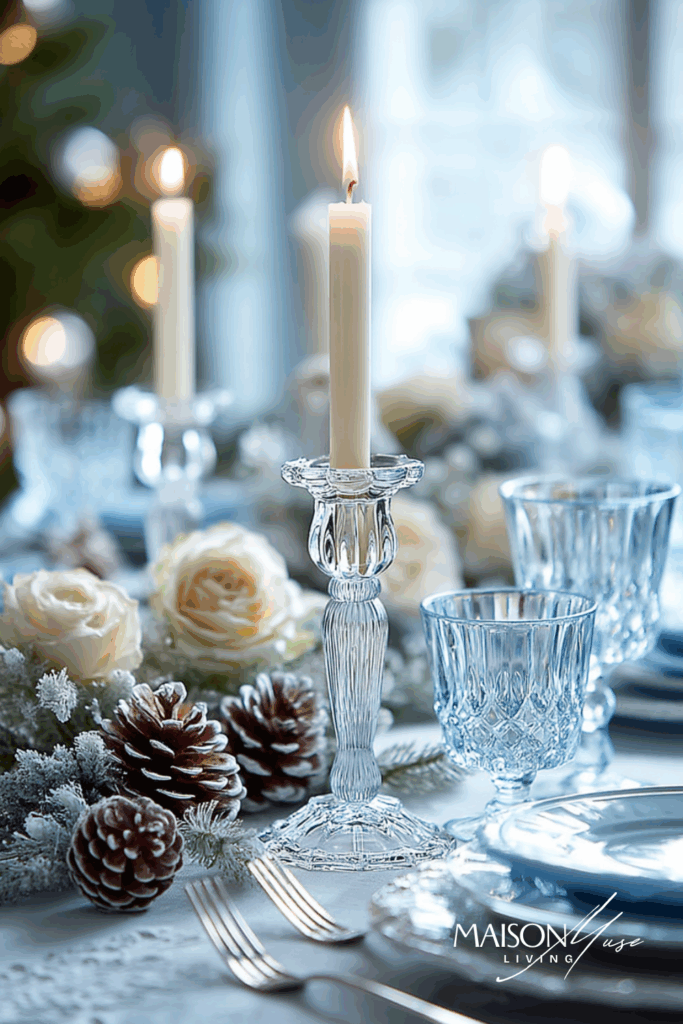 Crystal candle holders on holiday table with silver flatware, white roses and frosted pinecones