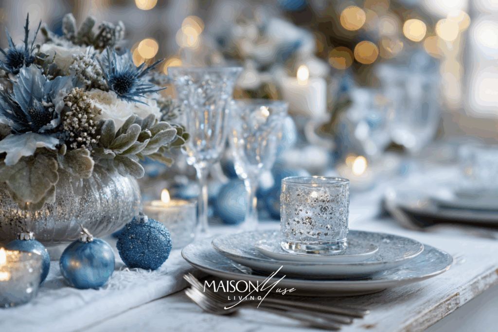 Elegant blue and silver holiday table setting with white linen, candles and glassware