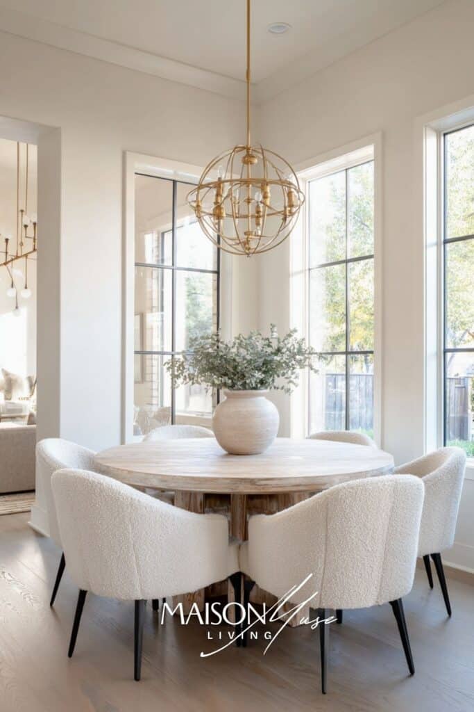 modern dining room with a round oak dining table and boucle dining chairs