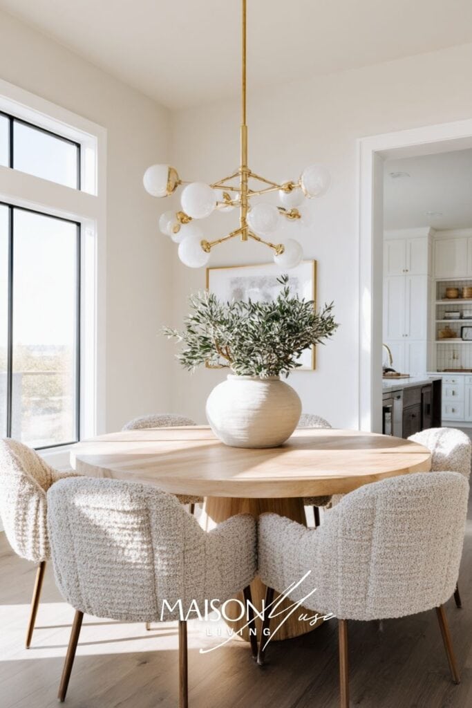 modern dining room with a round oak dining table and boucle dining chairs