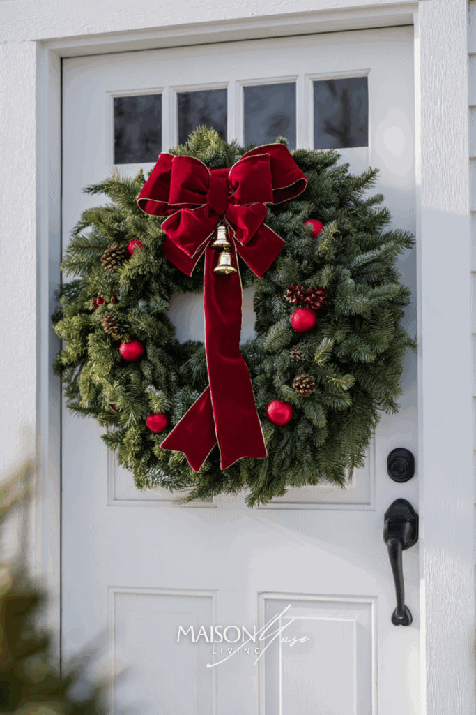 front door with large evergreen Christmas wreath