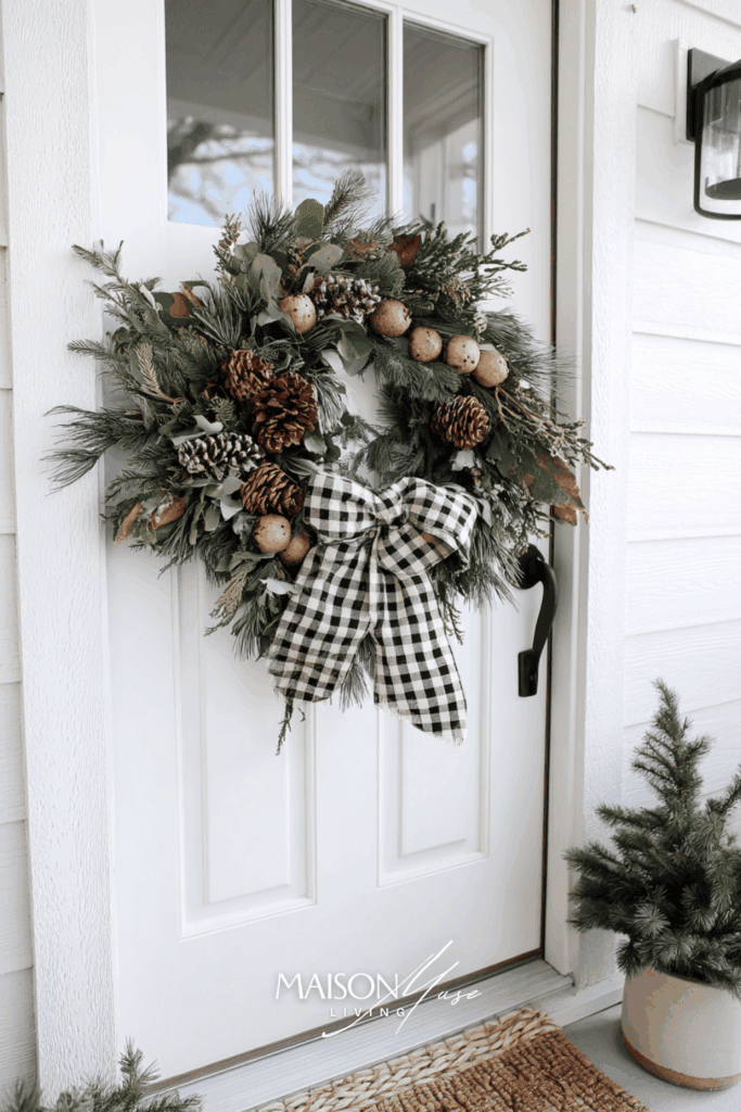 Rustic Farmhouse Christmas Wreath With Gingham And Pinecones