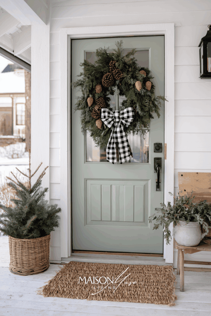 Rustic Farmhouse Christmas Wreath With Gingham And Pinecones