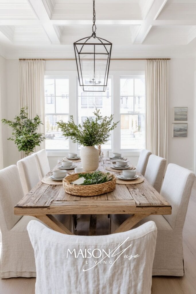 dining room with rectangular reclaimed wood dining table