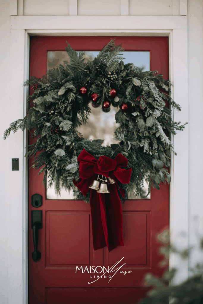 front door with large evergreen Christmas wreath