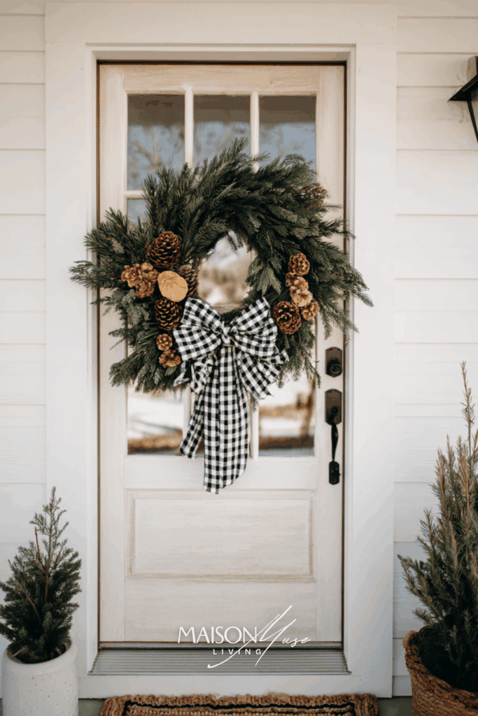 Rustic Farmhouse Christmas Wreath With Gingham And Pinecones
