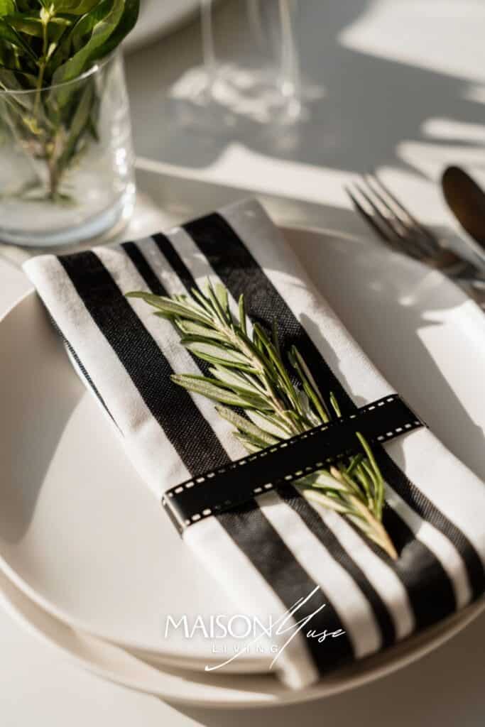 close up of themed dinner party place setting inspired by film night, film-strip napkin holder