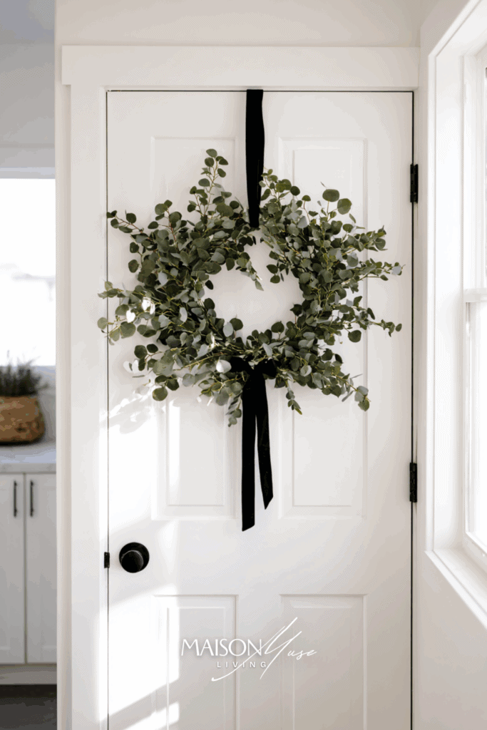 Minimal Eucalyptus Christmas Wreath With Black Ribbon
