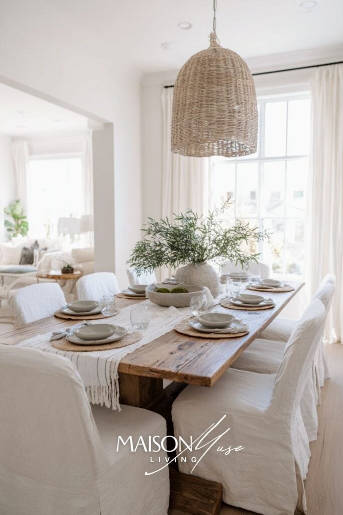 dining room with rectangular reclaimed wood dining table