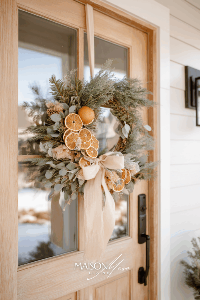 light wood front door with loose cedar and eucalyptus Christmas wreath