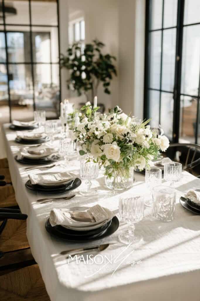 black tie dinner party at home, white linen tablecloth, black flatware, crystal glasses
