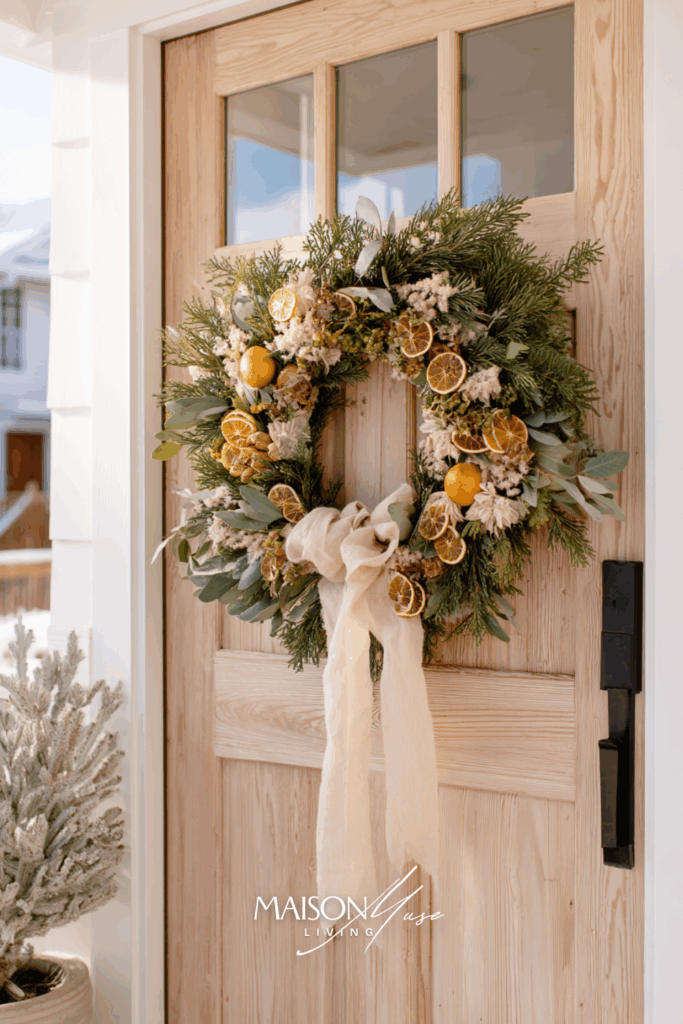 light wood front door with loose cedar and eucalyptus Christmas wreath