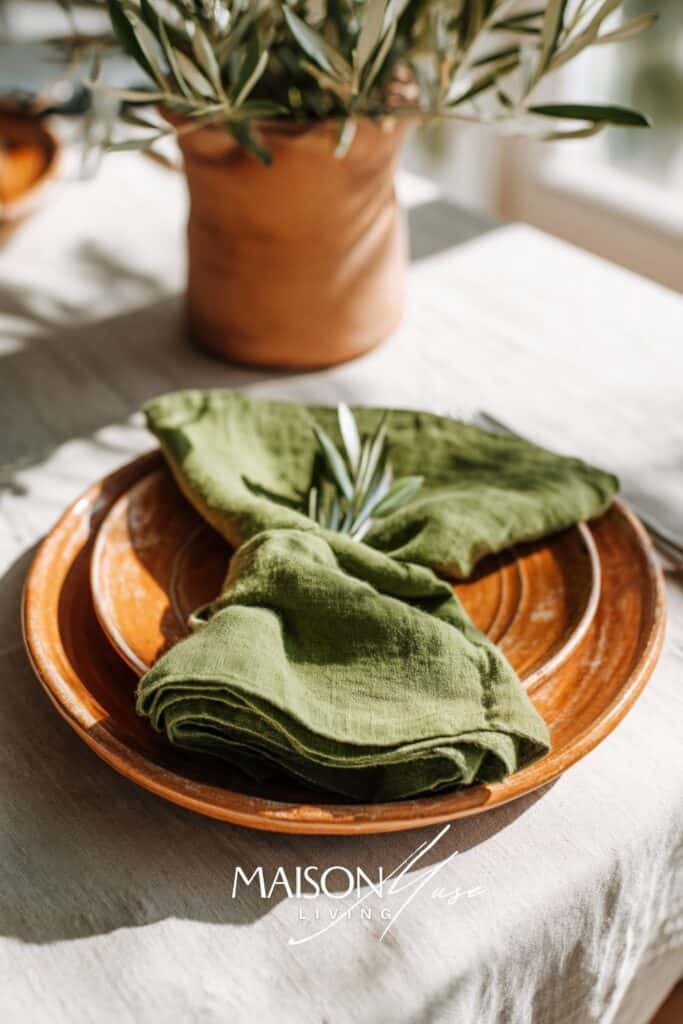 Mediterranean summer soiree dinner party with mezze platters, olive green linens, terracotta accents
