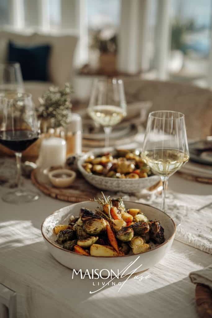 close up of winter dinner table setting with cozy textures and white wine