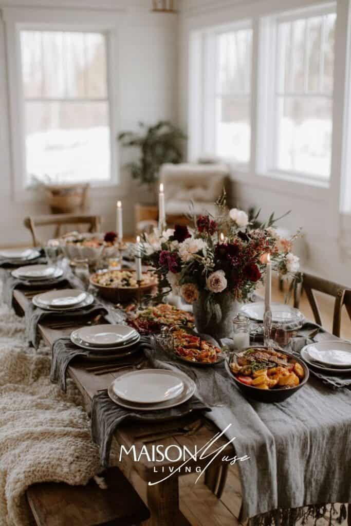 “close up of winter dinner table setting with cozy textures and flowers