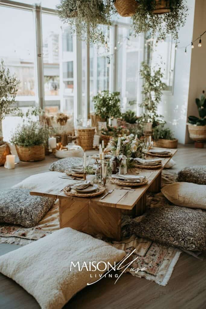 indoor garden picnic dinner party theme with low table