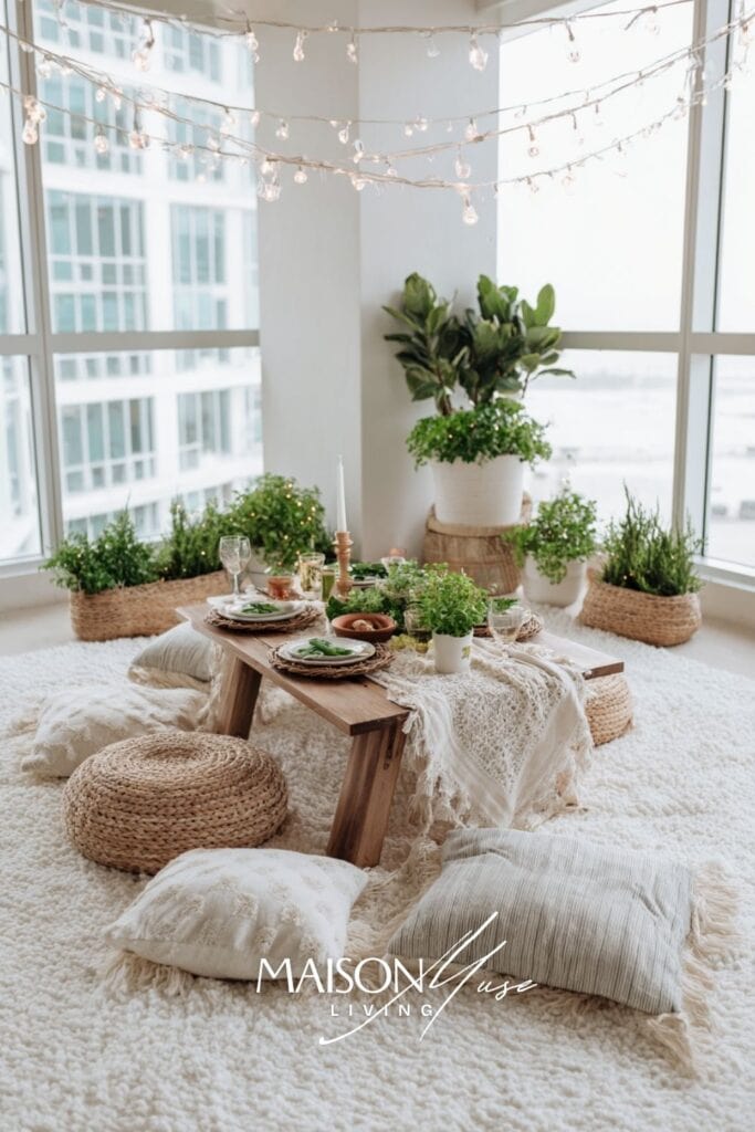 indoor garden picnic dinner party theme with low table, blankets
