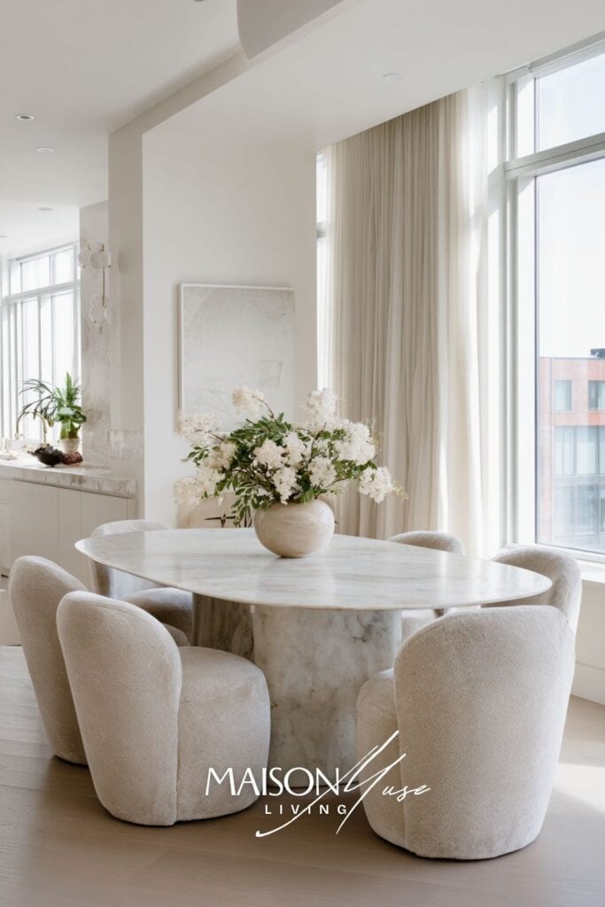 modern dining space with oval marble dining table