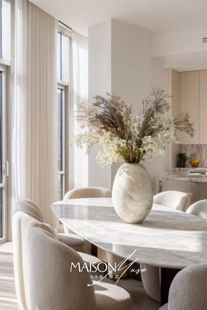 modern dining space with oval marble dining table