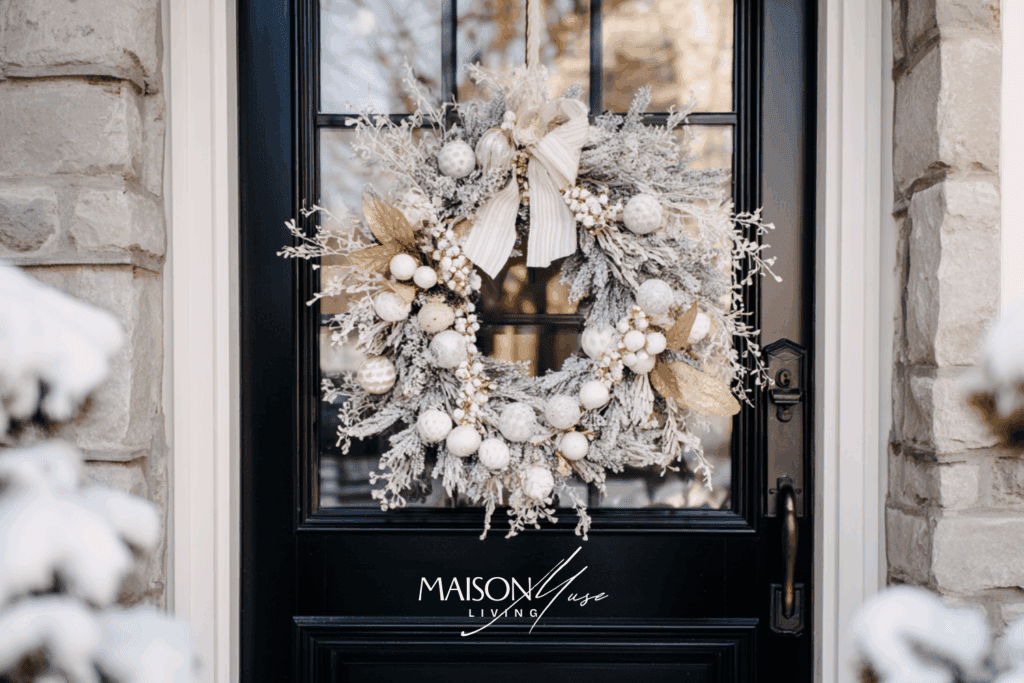 black front door with all white Christmas wreath