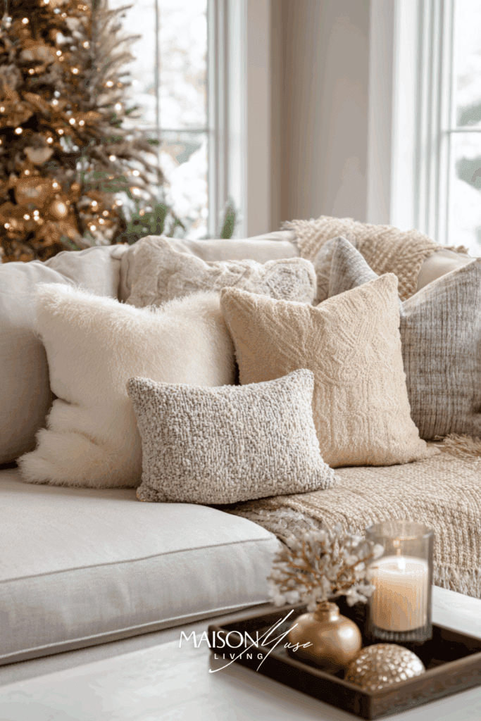 sofa styled for quiet luxury Christmas