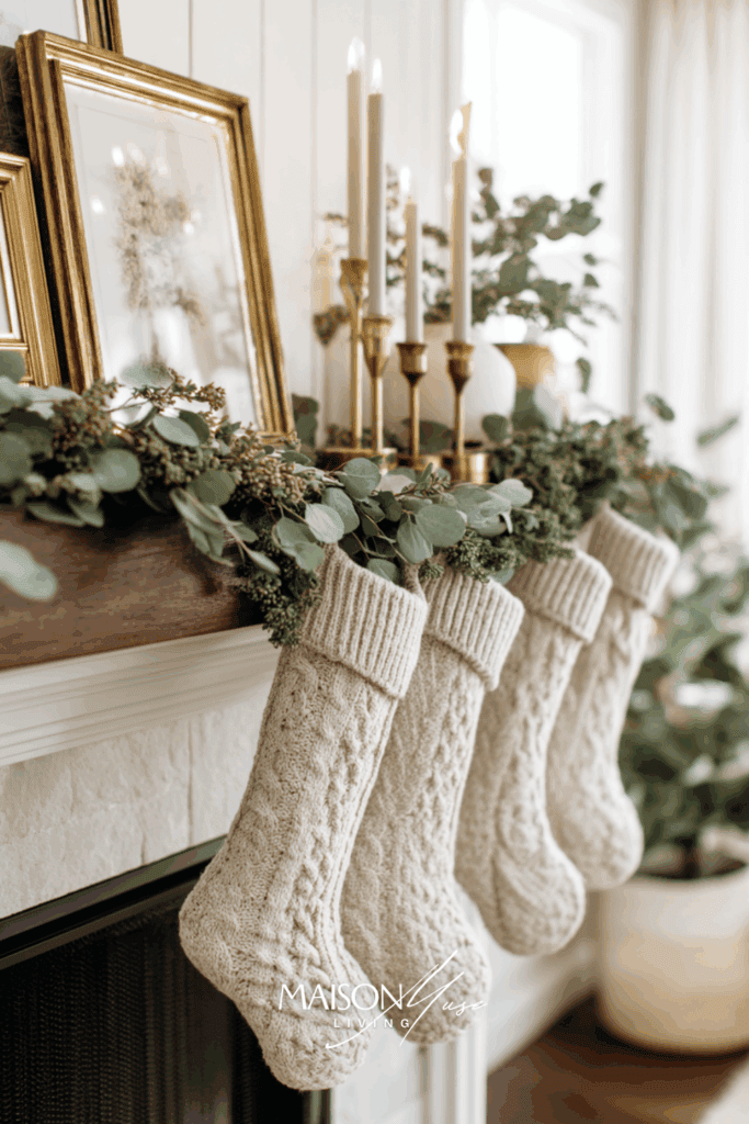 close up of quiet luxury Christmas mantel