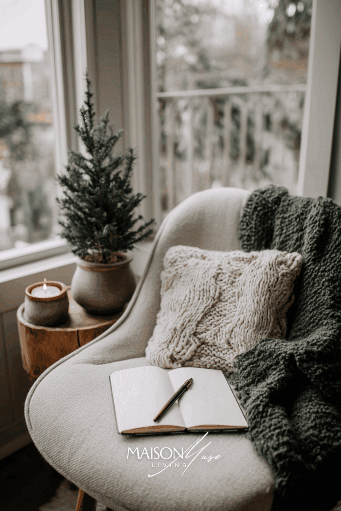 cozy reading chair by window, notebook and pen on seat