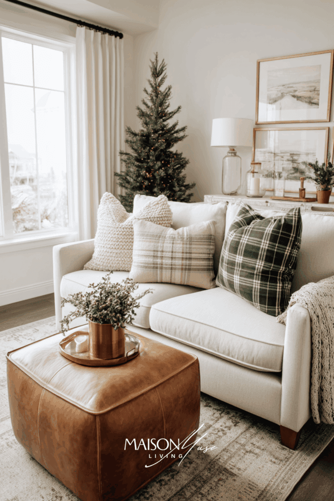 small modern living room with old money Christmas touches