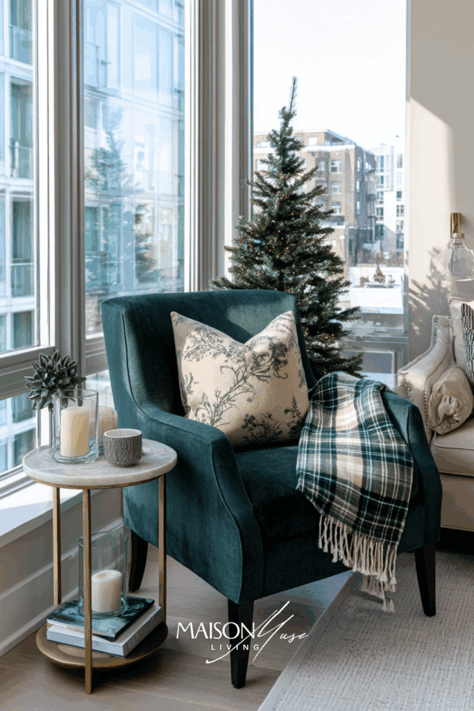 reading nook in modern apartment with old money Christmas corner