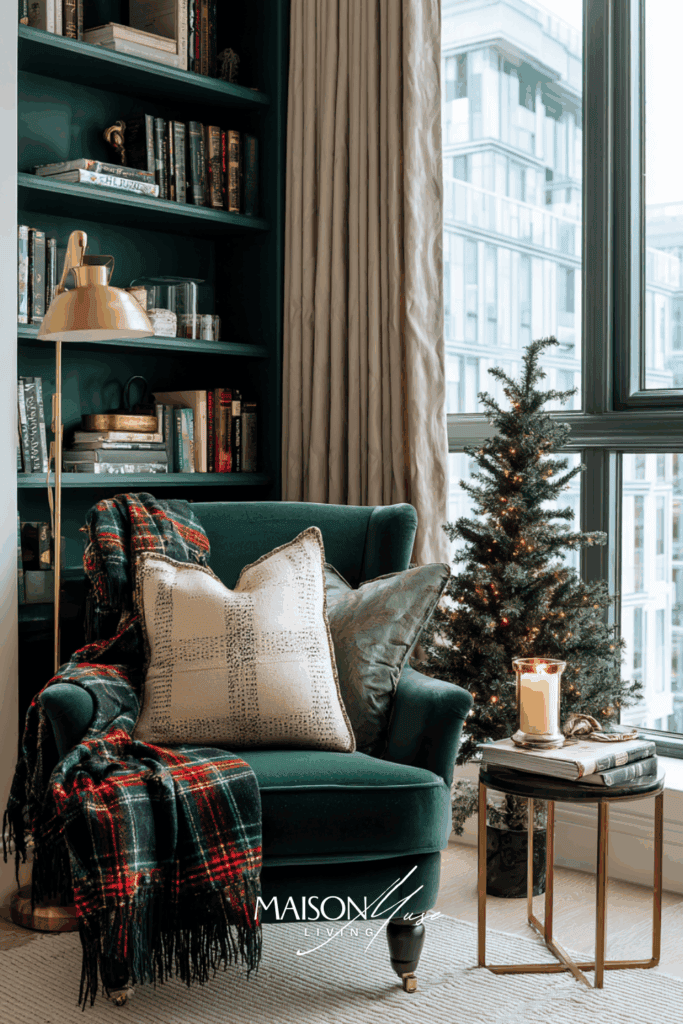 reading nook in modern apartment with old money Christmas corner