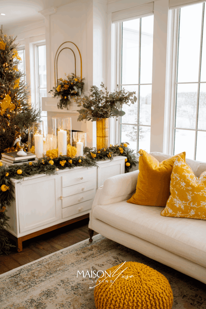 console with garland and candles acts as mantel