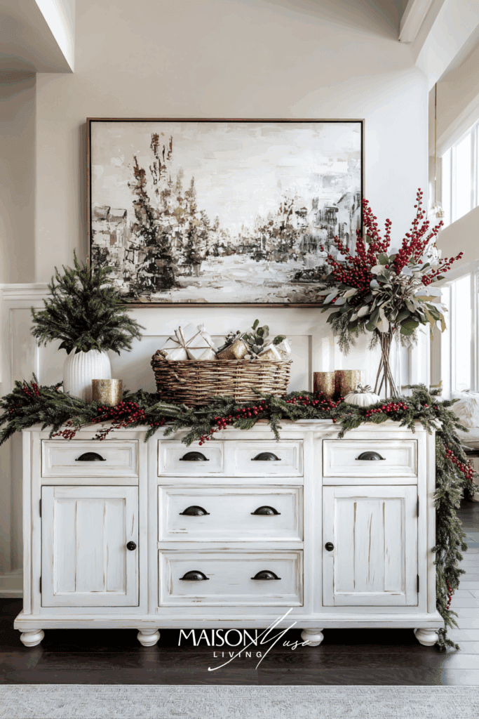 media console styled as Christmas mantel