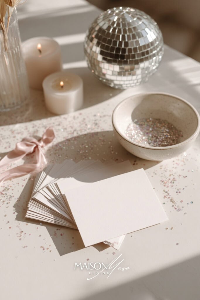 disco ball and glitter with note papers